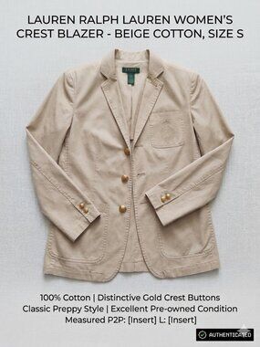 Lauren Ralph Lauren Women's Crest Blazer Cotton Jacket Gold Buttons Beige Size S